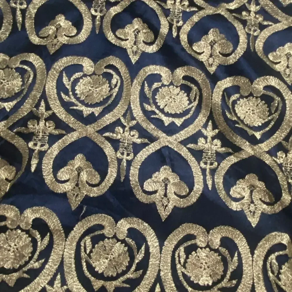 Liza Luxe Navy Blue Gold Brocade A-Line Dress Sleeveless Metallic Party